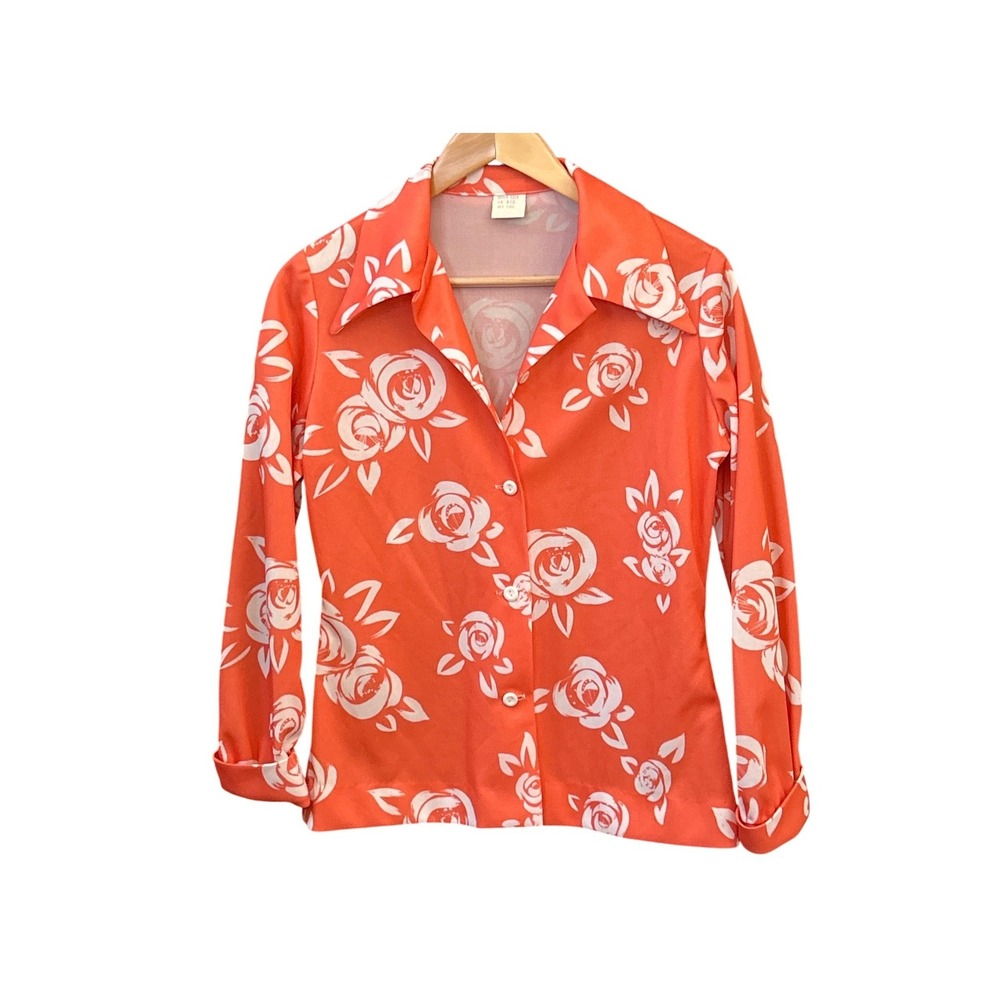 Vintage 70s Orange Floral Button Blouse Rose Print Disco Retro Top Size 10